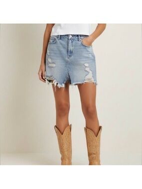 Free People We The Free Distressed Denim Mini Skirt Size 30 Light Wash Boho